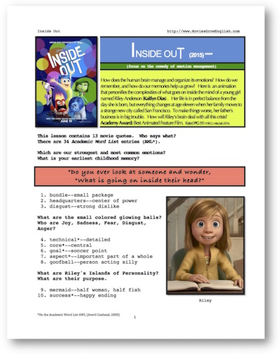 Thumbnail cover page for Inside Out, ESL lesson based on movies at Movies Grow English