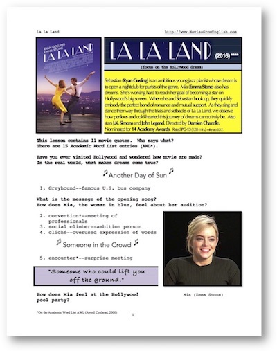Cover Page for La La Land whole-movie ESL lesson at Movies Grow English