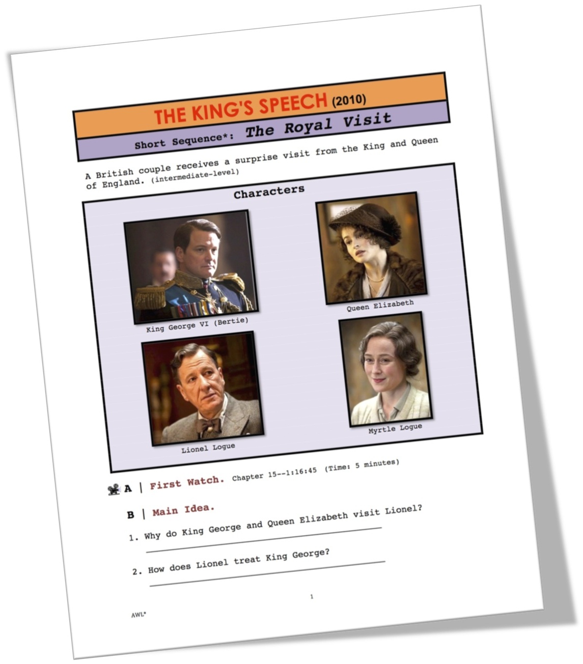 The King's Speech, Royal Visit Short-Sequence ESL Movie Lesson, Page 1