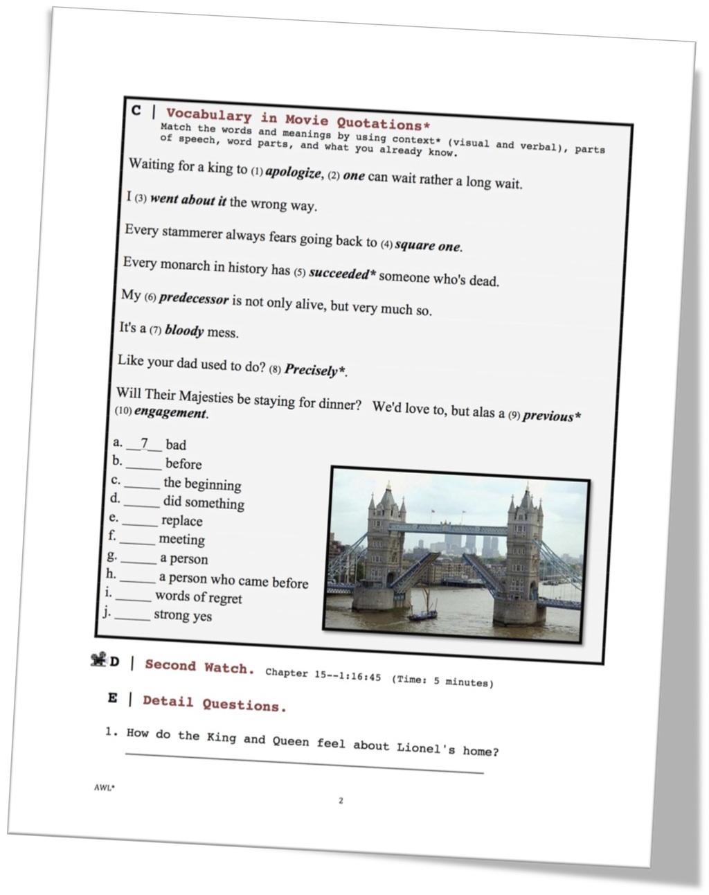 The King's Speech, Royal Visit Short-Sequence ESL Movie Lesson, Page 2