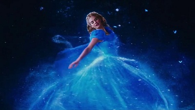 Cinderella 2015 starring Lily James, wearing her blue ballroom dress.  Movies Grow English