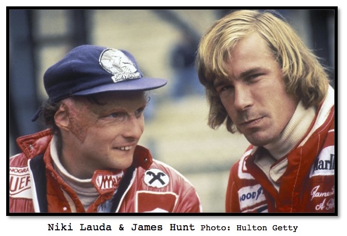 Niki Lauda and James Hunt, Formula One racecar drivers depicted in the film "Rush" by Chris Hemsworth