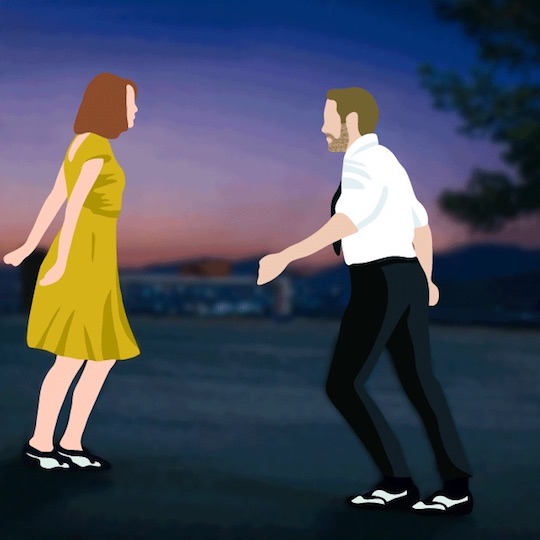 Mia and Sebastian played by Emma Stone and Ryan Gosling perform a street dance in this animation at Movies Grow English.