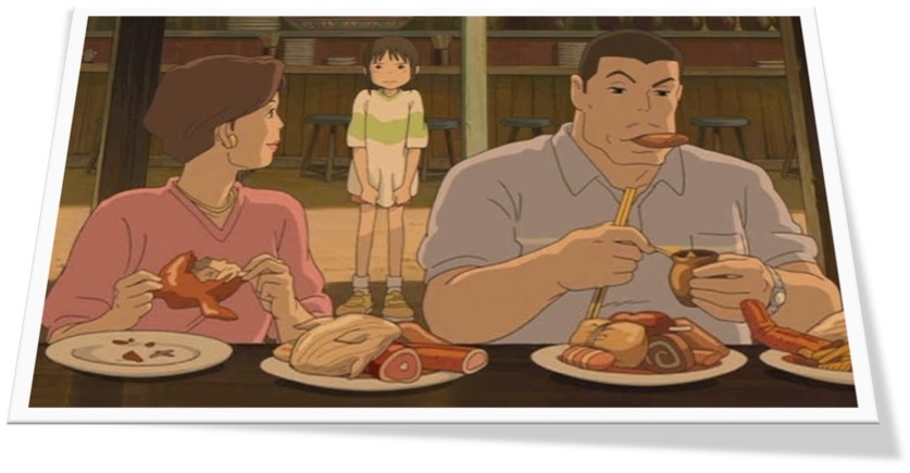 Spirited Away, Chihiro and her parents eating at the theme park.