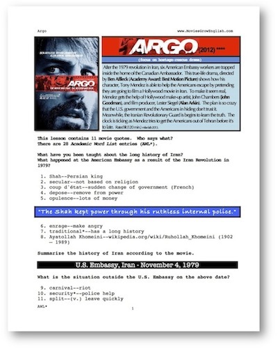 Argo, Front page of whole-movie ESL lesson for moviesgrowenglish