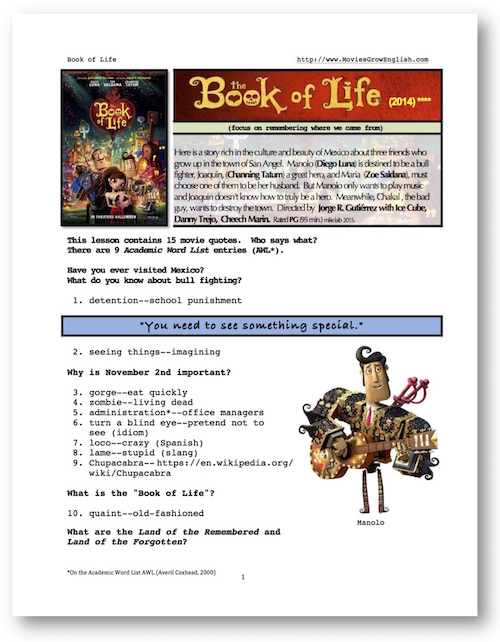 Cover page for the ESL lesson, Book of Life, at Movies Grow English