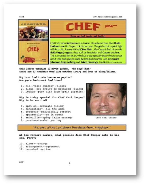 Cover page for movie ESL lesson for the film, Chef at Movies Grow English