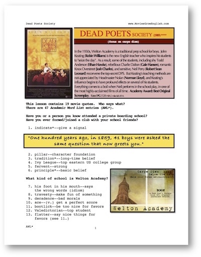 Front page of ESL Whole-Movie ESL lesson for the film, Dead Poets Society