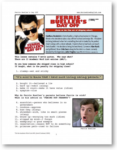 Cover page for whole-movie ESL Lesson for Ferris Bueller's Day Off at Movies Grow English