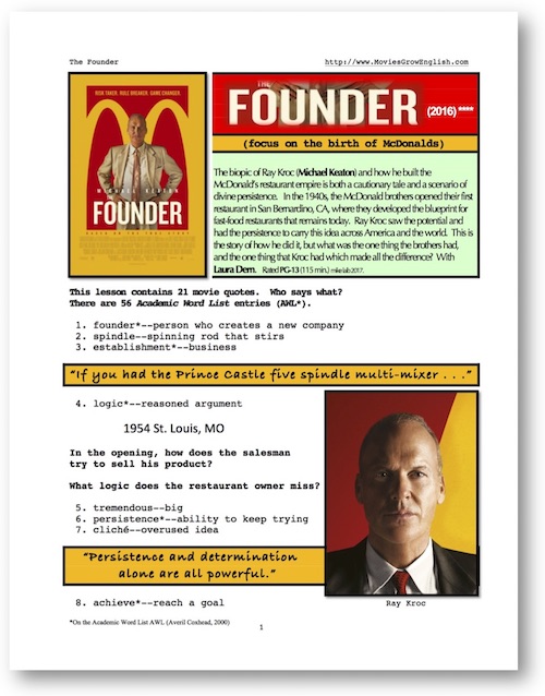 Cover page of whole-movie ESL lesson for The Founder starring Michael Keaton