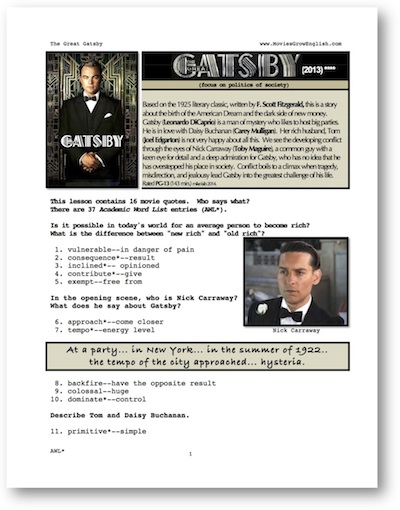 Front page for the Whole-Movie Lesson for The Great Gatsby at Movies Grow English