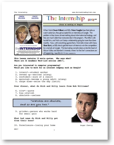 Front page for the Whole-Movie Lesson for The Internship at Movies Grow English