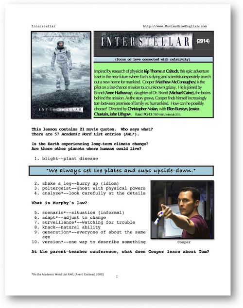 Cover page for the ESL lesson for the movie, Interstellar at Movies Grow English