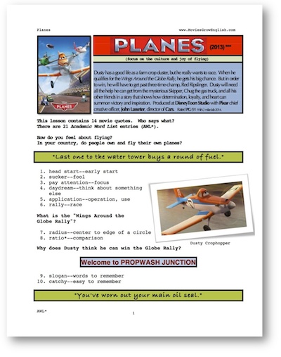 Front page of ESL Whole-Movie ESL lesson for the film, Planes