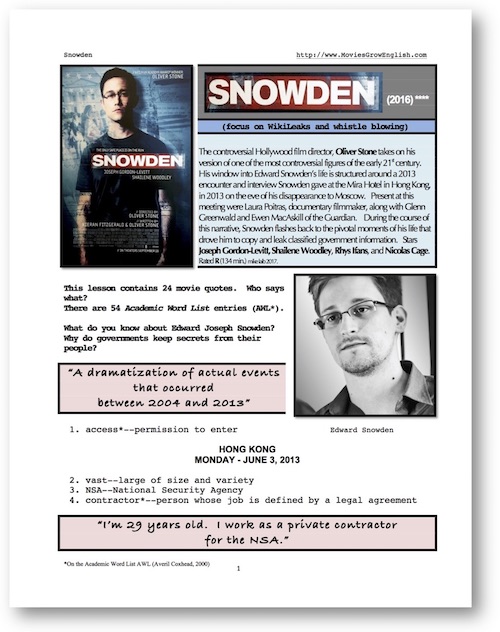 Cover page for whole-movie ESL lsson for Snowden starring Joseph Gorrden-Levitt