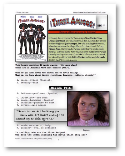 Three Amigos, ESL Lesson cover page at Movies Grow English