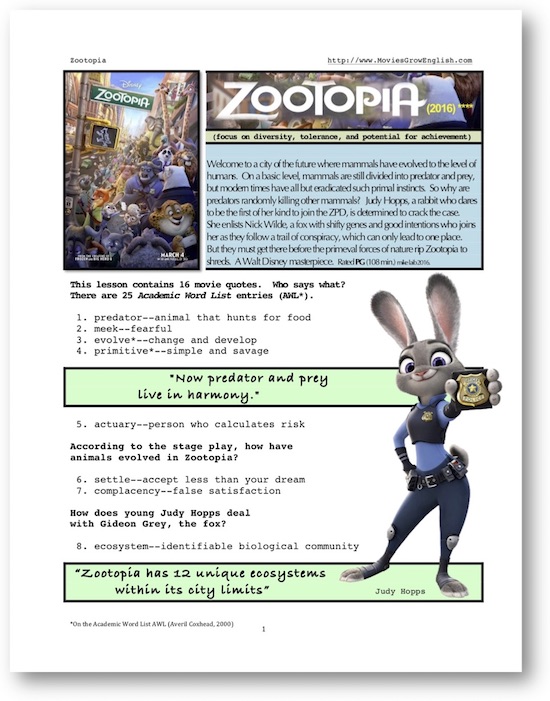 Thumbnail for Zootopia, whole-movie ESL lesson at Movies Grow English