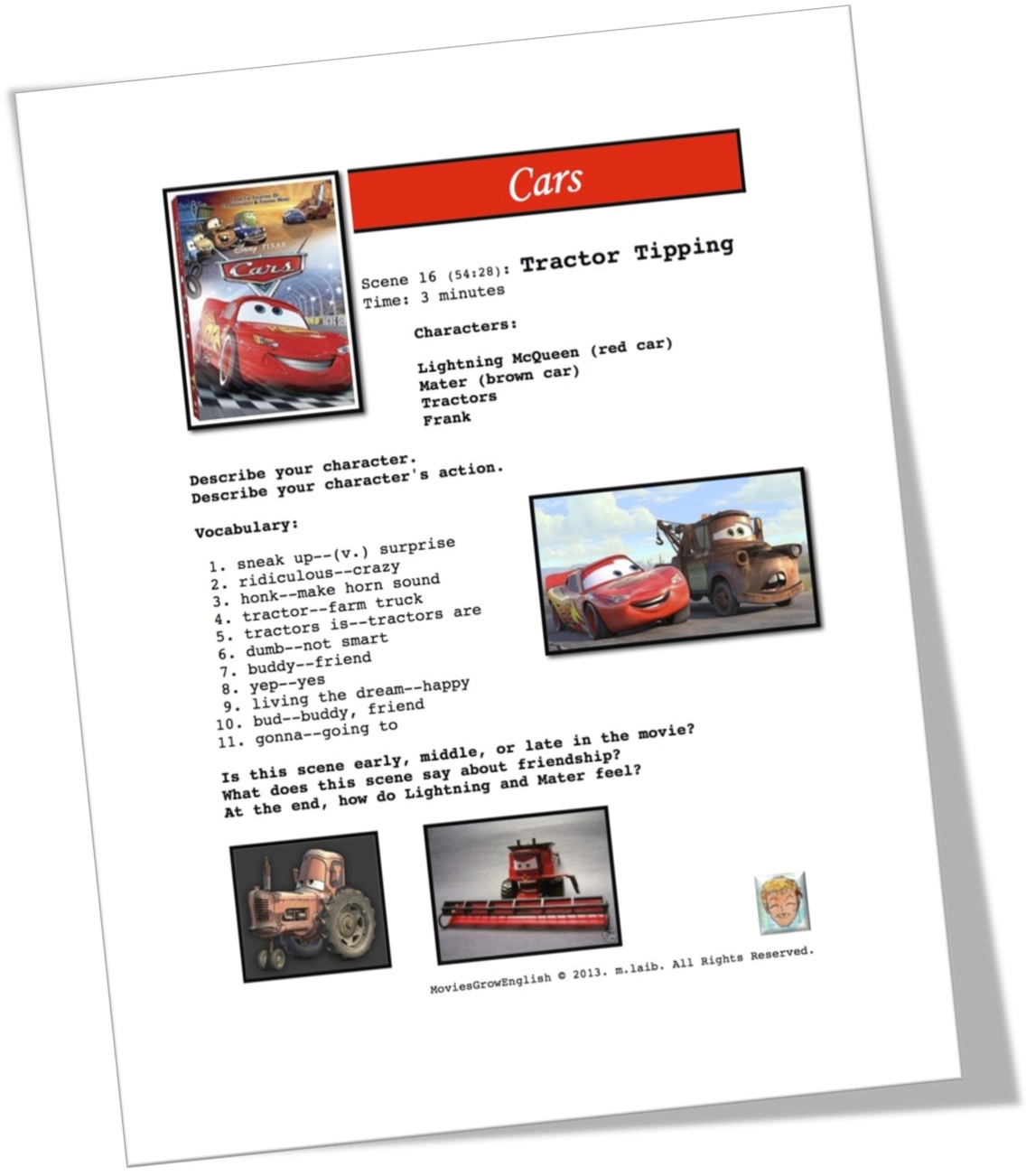 Cars: Short-Sequence ESL Movie Lesson, Tractor Tipping at Movies Grow English