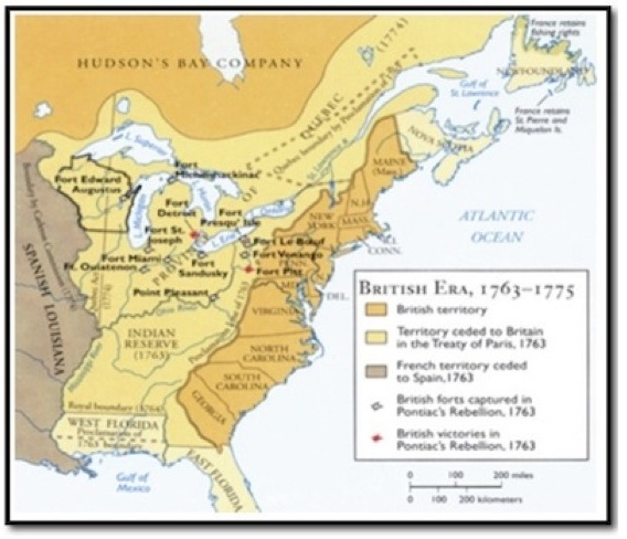 Map of early America for ESL lesson for Last of the Mohicans