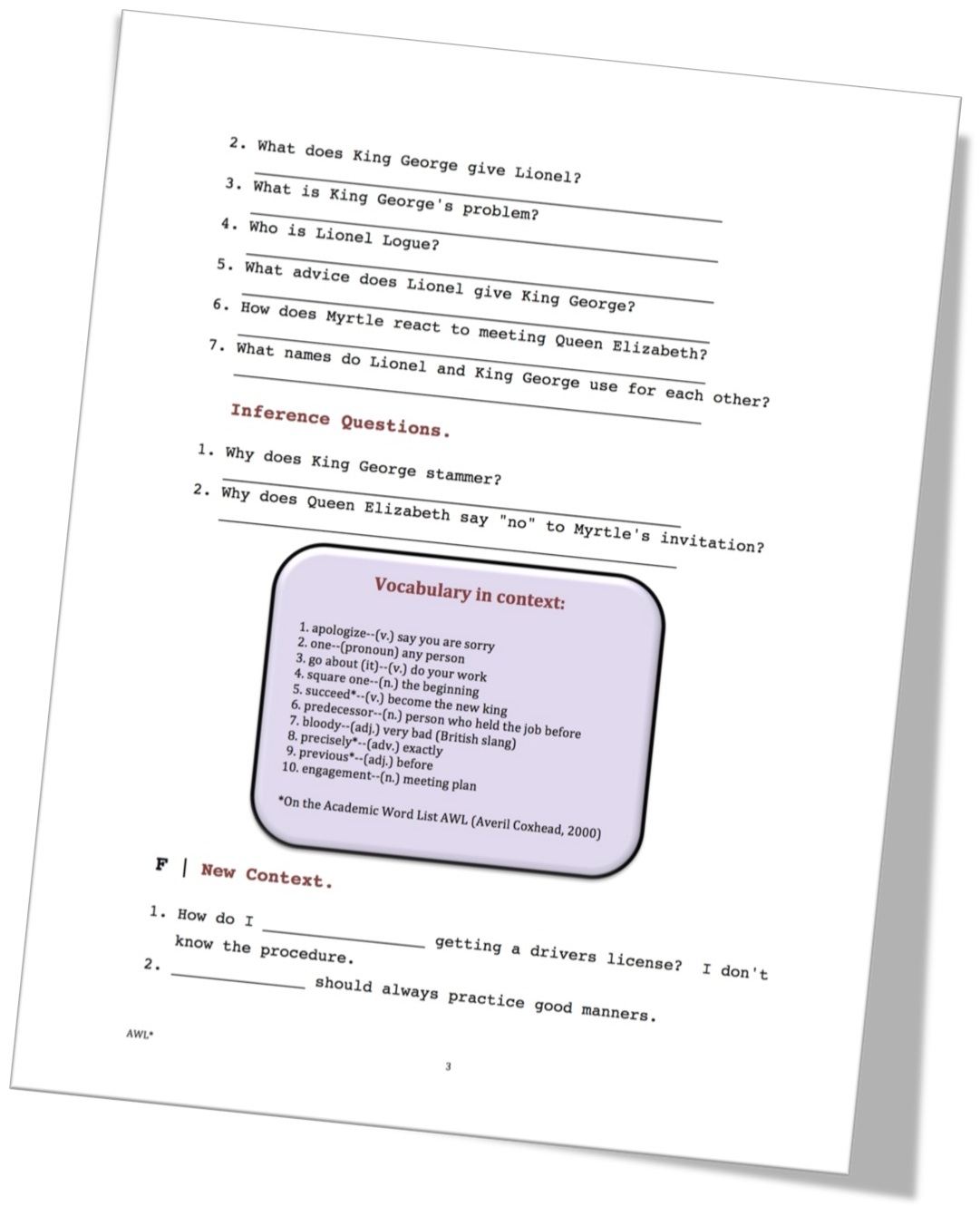 The King's Speech, Royal Visit Short-Sequence ESL Movie Lesson, Page 3