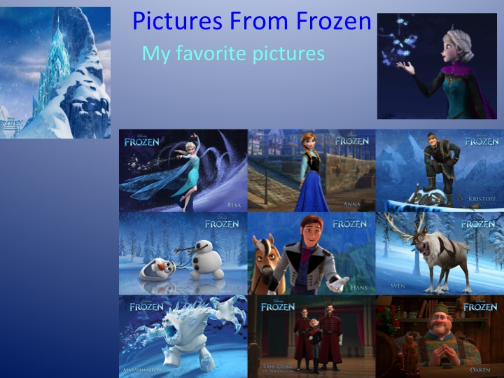Images form Frozen PowerPoint presentation for the film ESL lesson