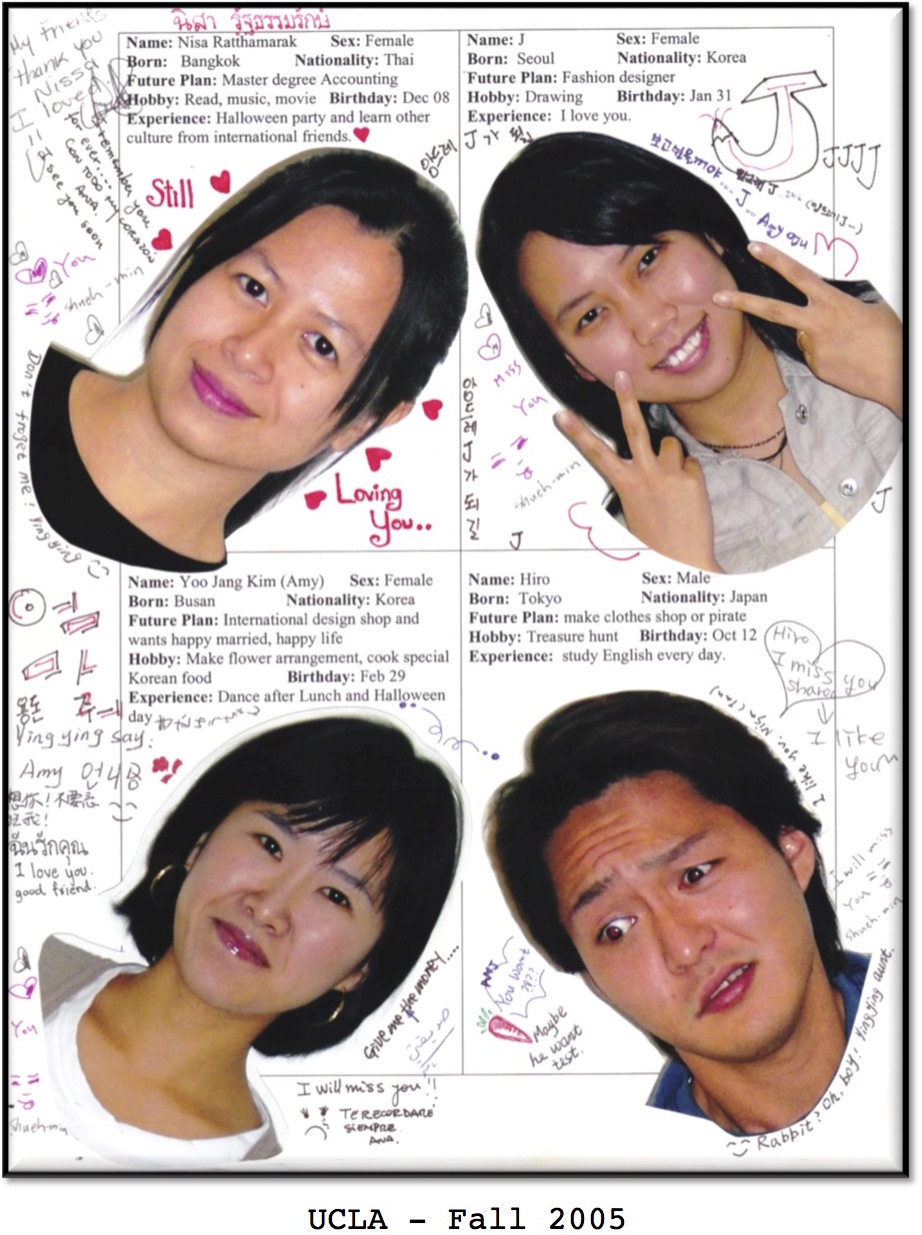 Student collage from Fall2005 at UCLA for Movies Grow English.  ESL lessons using movies. Nisa Ratthamarak, Yoo Jang Kim (Amy), J, Hiro. 