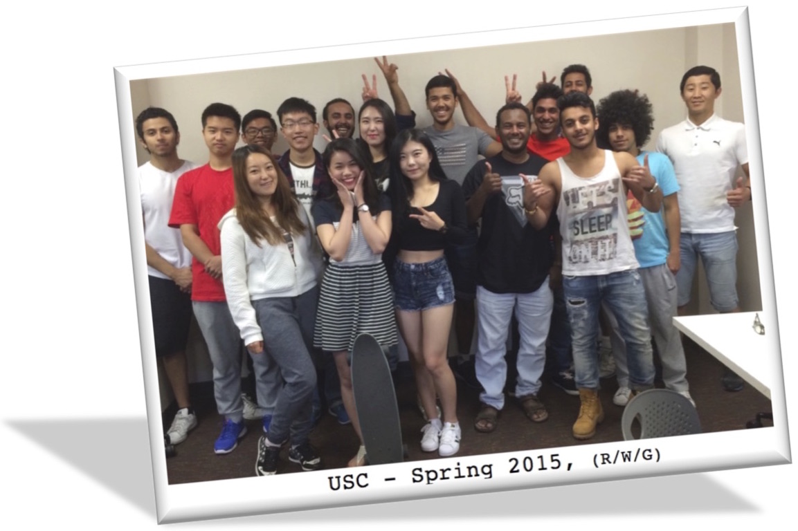 Student portrait from Spring 2015 at USC for Movies Grow English.  ESL lessons using movies. Omar Alanzi, Abdulaziz Aljameel, Mubarak Almudahkah, Hussain Alnakhli, Abdullah Alshamasi, Thamer Alsubie, Suhaib Bashawry, Rayan Fakhri, Minyoung Hong,
Liangyu Liu, Zhengis Makhambet, Jihye (Rosie) Mun, Afnan Mushait, Hao Pan, Jiadai Sun, Giang-Le Tran, Dias Tulegenov, Yanjie Zeng.