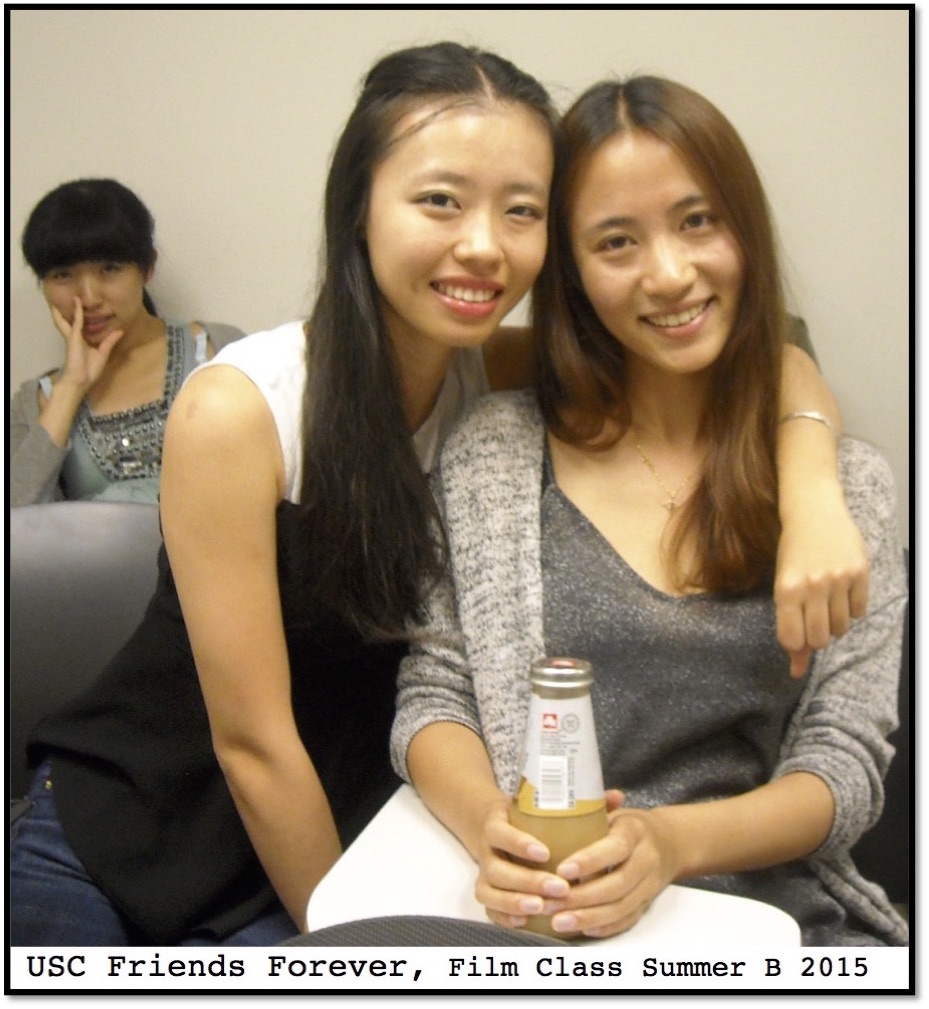 Yanchen (Jackie) Du gets photobombed at USC Film Class by Siyu (Taro) Wei and Haoqiu (Jessica) Lyu, Summer B 2015.