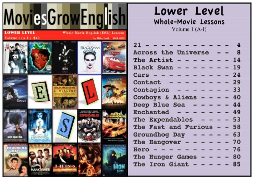 Lower-Level textbook cover page and table of contents for ESL film lessons at Movies Grow English