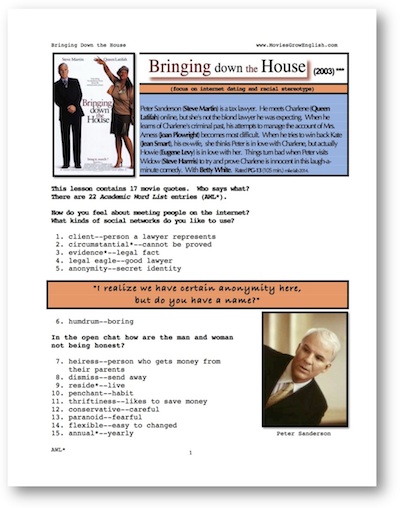Front page of ESL Whole-Movie ESL lesson for the film, Bringing Down the House