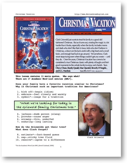 Cover page for Whole-Movie SL lesson for Christmas Vacation at Movies Grow English