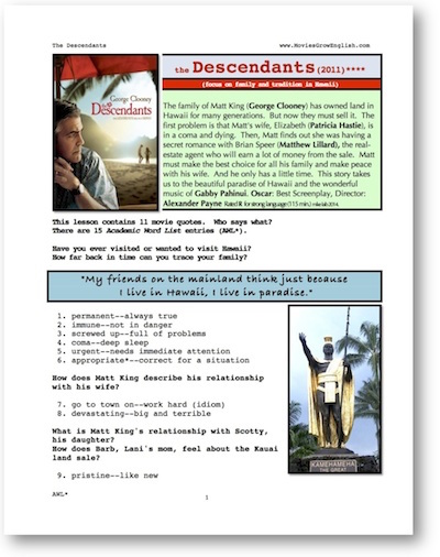 First page of Wholw-Movie Lesson for the Descendants at Movies Grow English