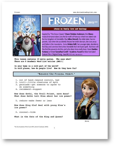 Cover page for  whole-movie ESL lesson for the film, Frozen at Movies Grow English