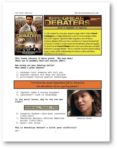 ESL lesson, cover page for whole-movie lesson for The Great Debaters at Movies Grow English