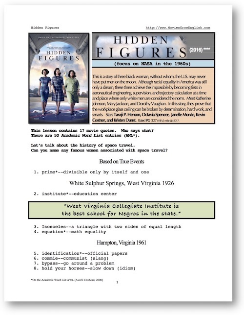 Cover page for whole-movie ESL lesson for Hidden Figures at Movies Grow English