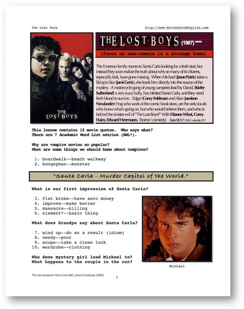 Cover page for Whole-Movie SL lesson for The Lost Boysat Movies Grow English