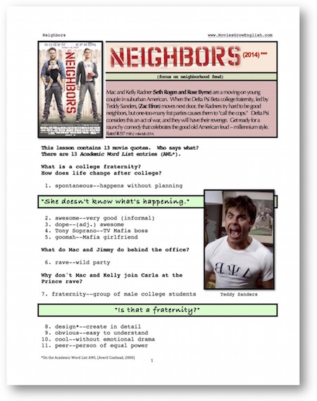 Thumbnail of first page of whole movie ESL lesson for Neighbors starring Seth Rogan