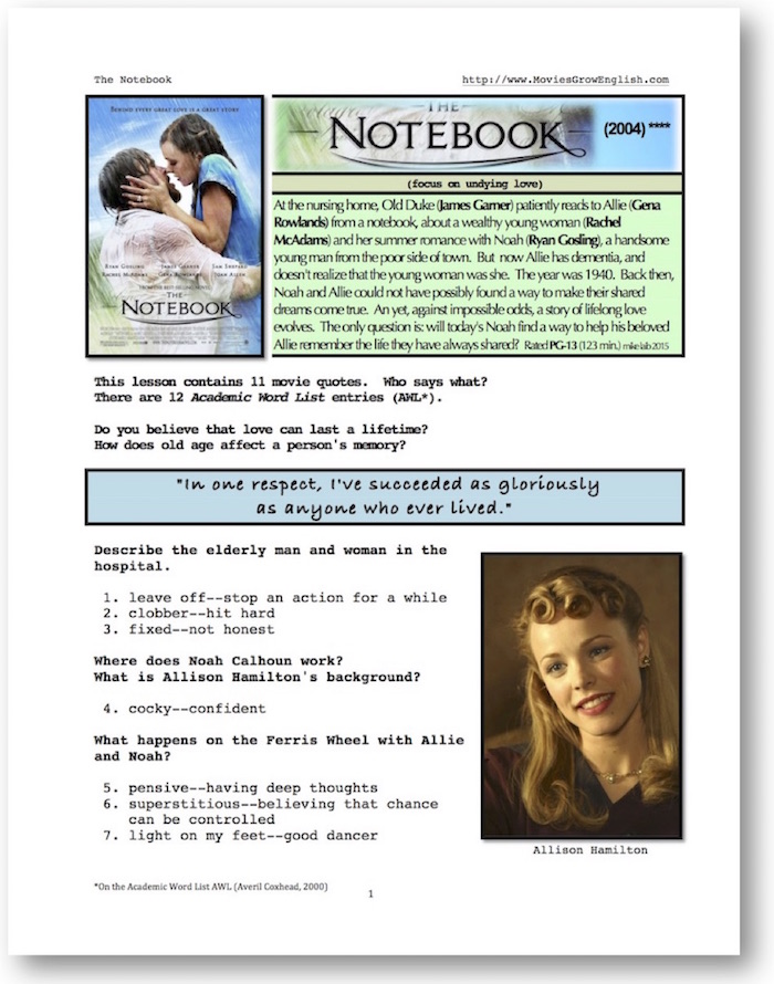 Thumbnail cover page for whole-movie ESL lesson for The Notebook at Movies Grow English