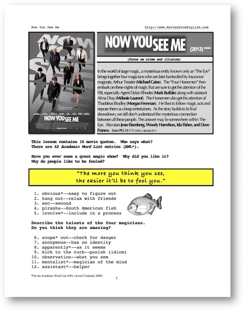 Cover Page for ESL Lesson for Now You See Me at Movies Grow English
