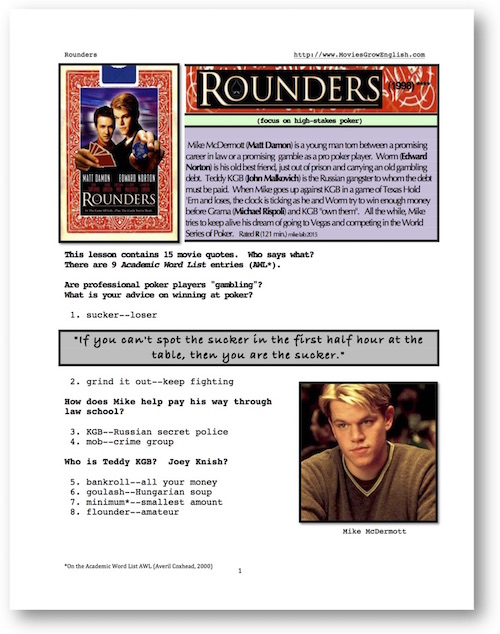 Cover page for ESL Lesson for the film, Rounders at Movies Grow English
