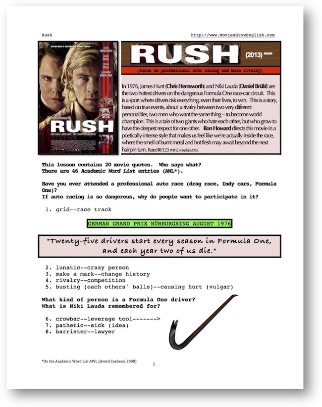 Cover page for the movie, Rush, for whole-movie ESL Lesson at Movies Grow English
