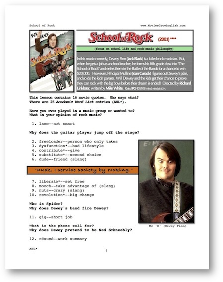 Whole Movie Portal for ESL lesson for School of Rock at Movies Grow English