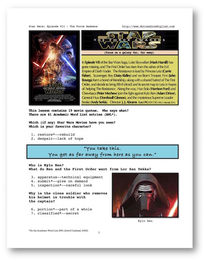 ESL Lesson portal for Star Wars: The Force Awakens at Movies Grow English
